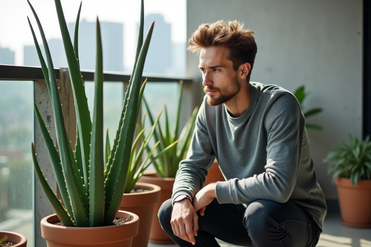 Jeune homme inspectant un aloe vera sur un balcon urbain moderne, illustration de la résistance des plantes succulentes en milieu citadin