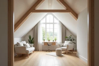 Intérieur aménagé de combles avec poutres apparentes, velux et parquet clair dans une maison rénovée