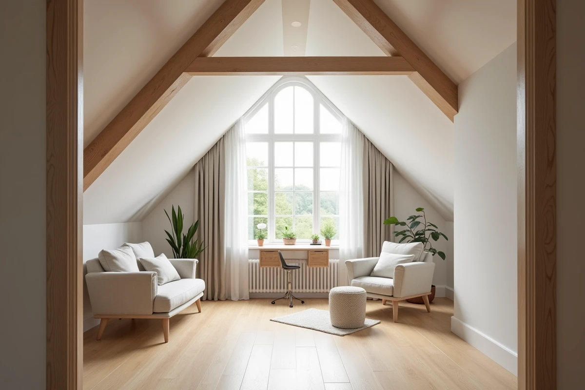 Intérieur aménagé de combles avec poutres apparentes, velux et parquet clair dans une maison rénovée