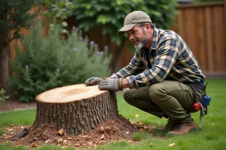 Arboriste professionnel évaluant une souche d'arbre dans un jardin résidentiel avant son enlèvement