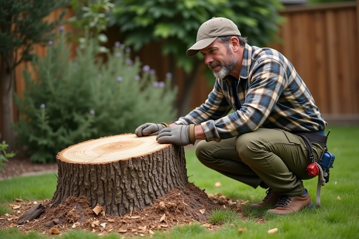 Arboriste professionnel évaluant une souche d'arbre dans un jardin résidentiel avant son enlèvement