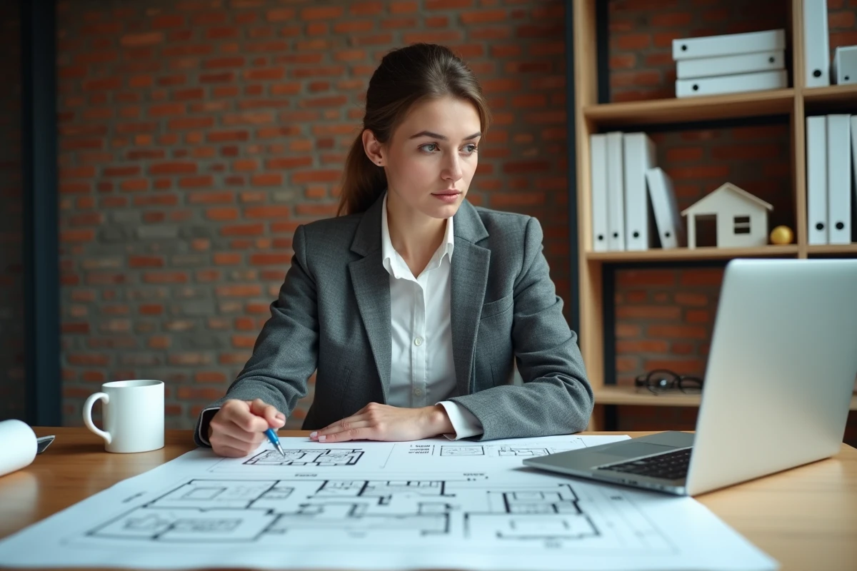 Architecte féminine analysant les coûts de construction d'une maison de 200m2 dans un bureau professionnel