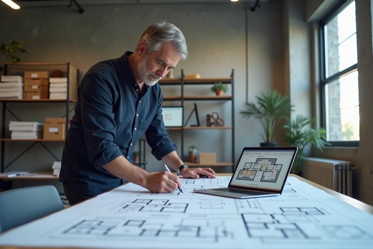 Architecte comparant des logiciels de plan gratuits sur tablette et ordinateur portable dans un studio professionnel