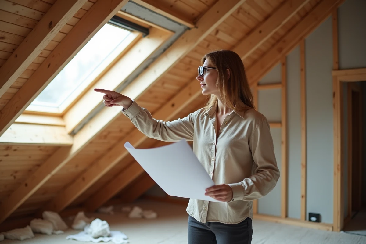 Architecte inspectant l'isolation thermique d'un plafond sans combles dans une maison en rénovation
