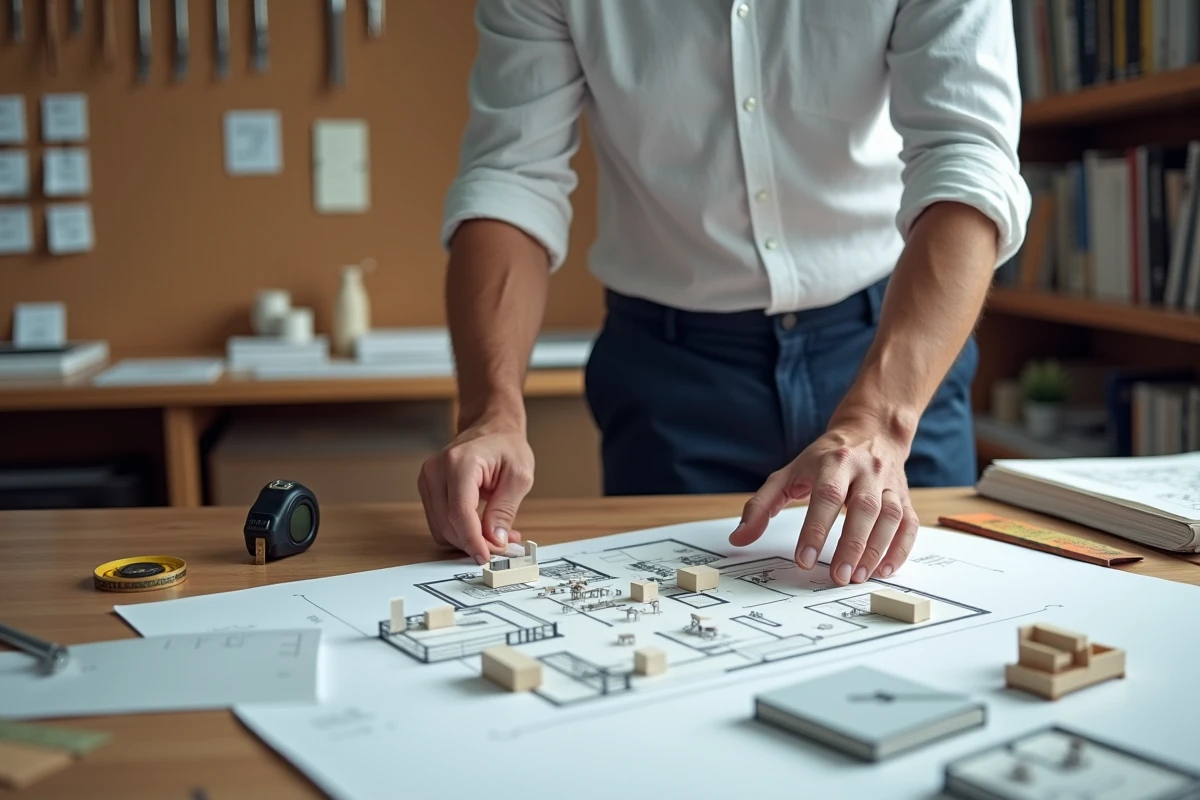Architecte d'intérieur réorganisant des maquettes de meubles sur un plan de maison à l'échelle dans son bureau