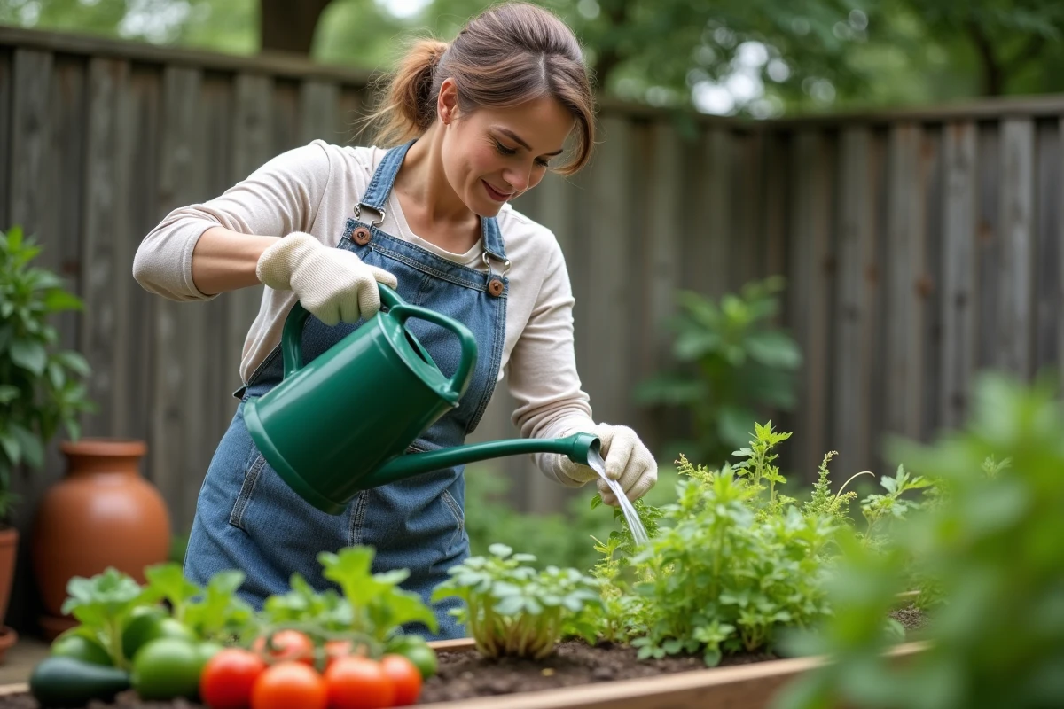 Femme arrosant des légumes du jardin avec un arrosoir vert dans un potager surélevé