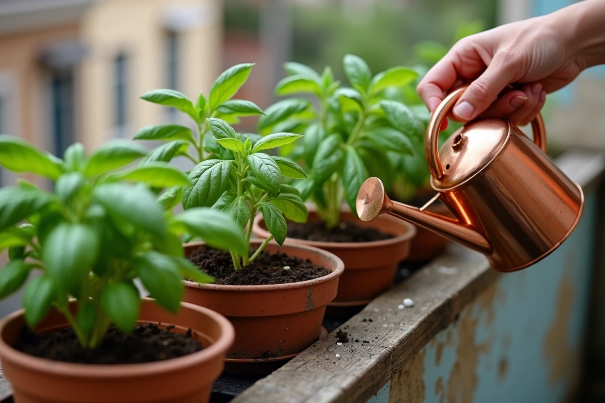 Arrosage de plants de basilic et tomates cerises en pots sur un balcon urbain en terrasse