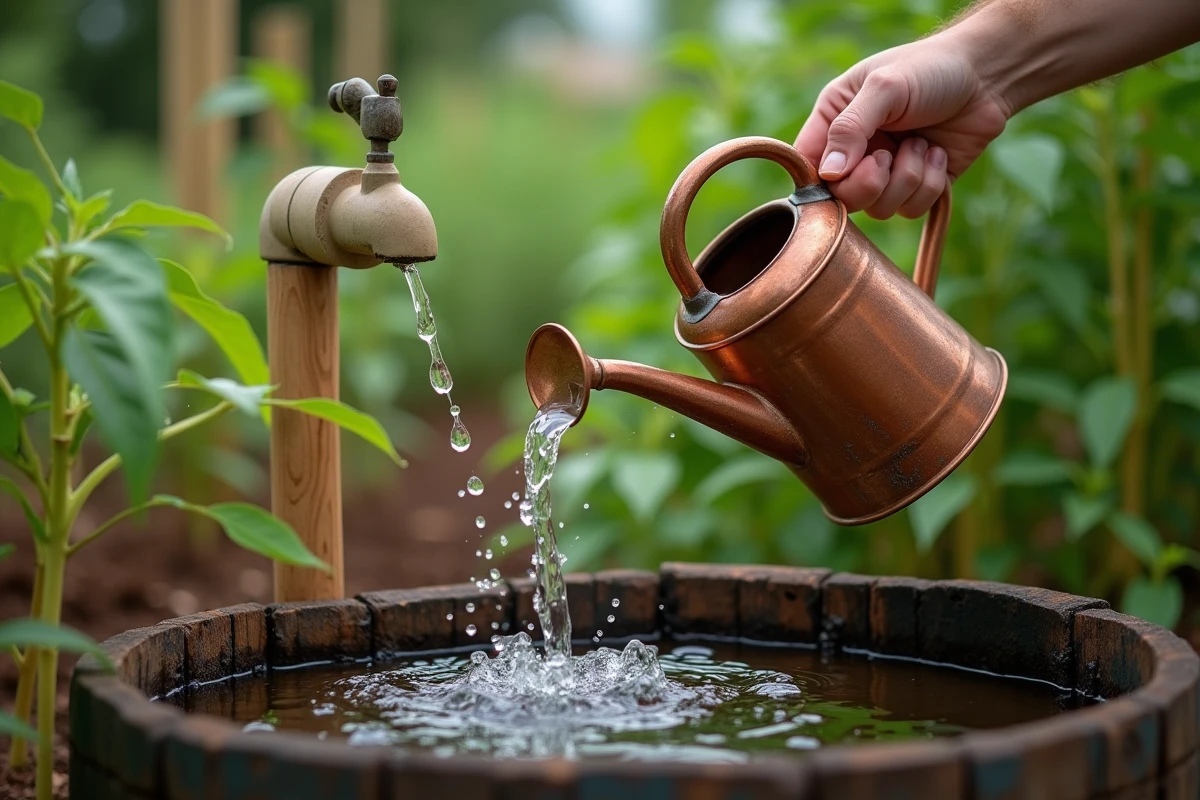Arrosoir en cuivre rempli directement depuis un robinet de tonneau récupérateur d'eau de pluie dans un potager
