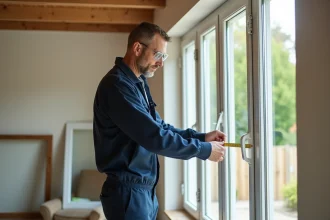 Artisan mesurant une fenêtre double vitrage pour remplacement et déduction fiscale travaux rénovation