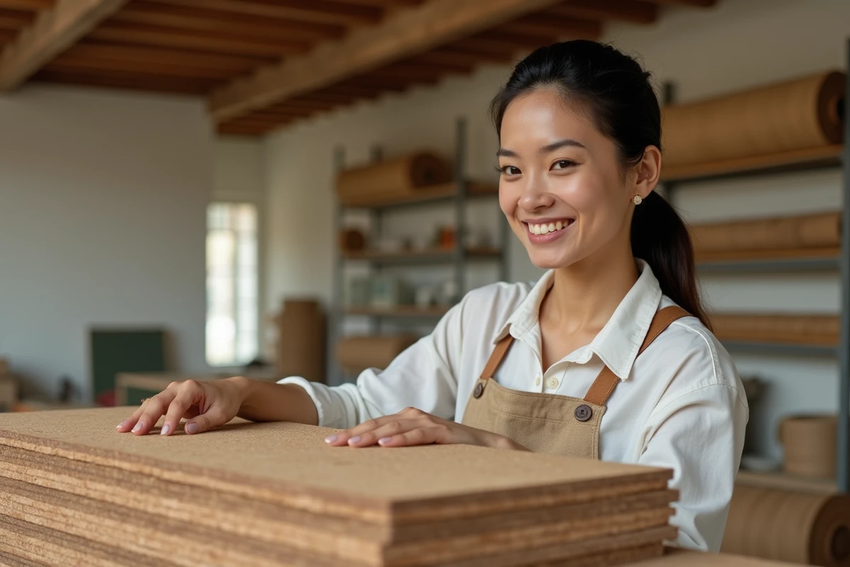 Femme artisane inspectant des panneaux de liège naturel dans un atelier de matériaux écologiques