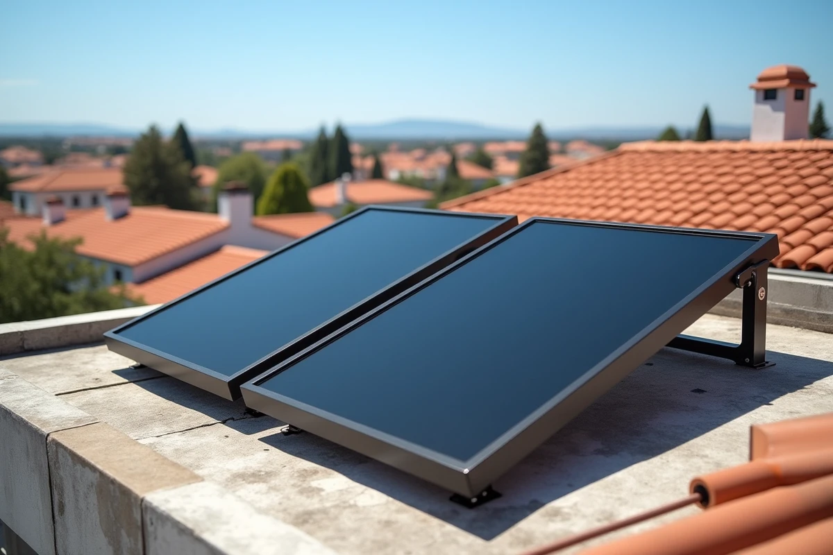 Ballons d'eau chaude solaire installés sur un toit plat résidentiel avec panneaux thermiques et tuyauterie isolée