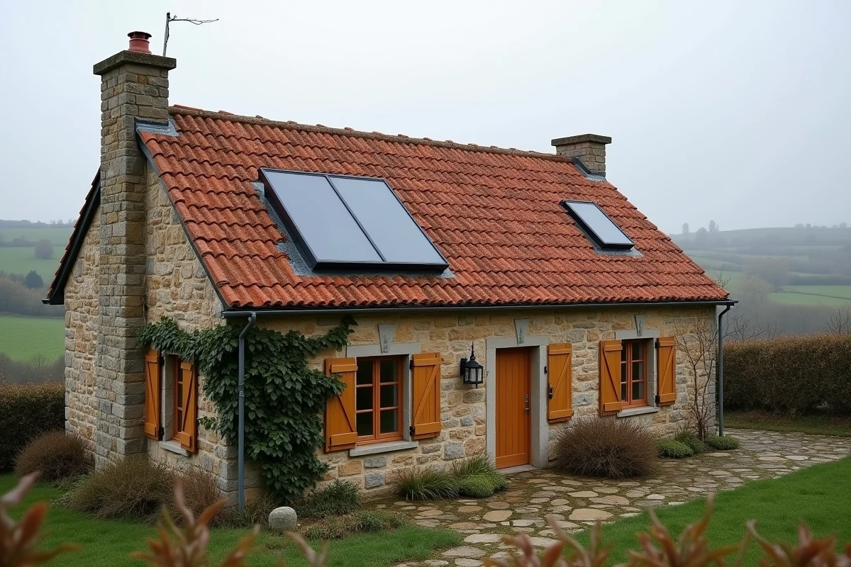 Panneaux solaires thermiques intégrés dans la toiture d'une maison de campagne en pierre pour chauffe-eau solaire