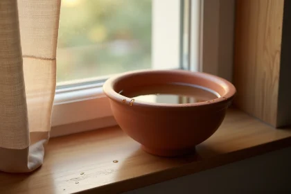 Bol en terre cuite rempli d'eau posé sur un rebord de fenêtre en bois pour humidifier une pièce naturellement