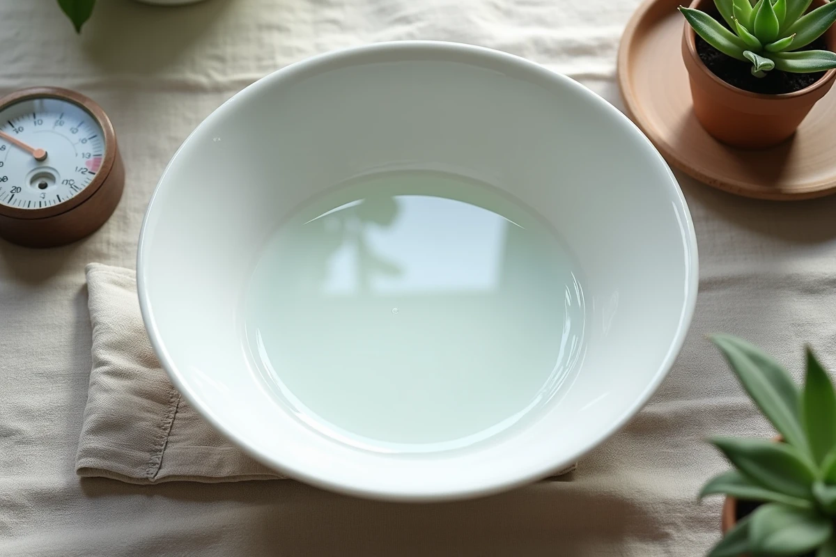 Vue de dessus d'un bol d'eau en porcelaine posé sur une nappe en lin avec un hygromètre pour mesurer l'humidité ambiante