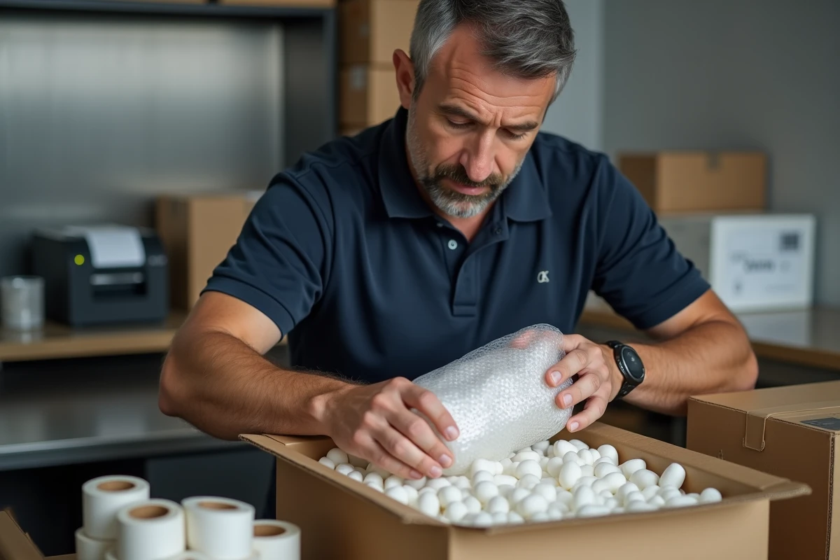 Homme plaçant un objet fragile emballé dans une boîte en carton remplie de calages en mousse