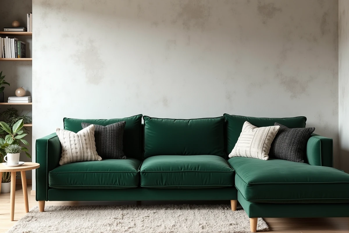 Canapé d'angle en velours vert forêt avec coussins géométriques dans un intérieur scandinave épuré