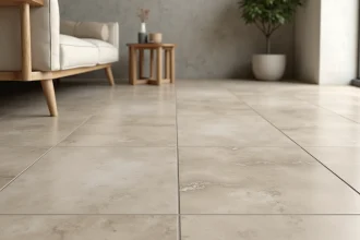 Grand carrelage de sol effet pierre en grès cérame format XXL dans un salon moderne aux tons greige, tendance 2026