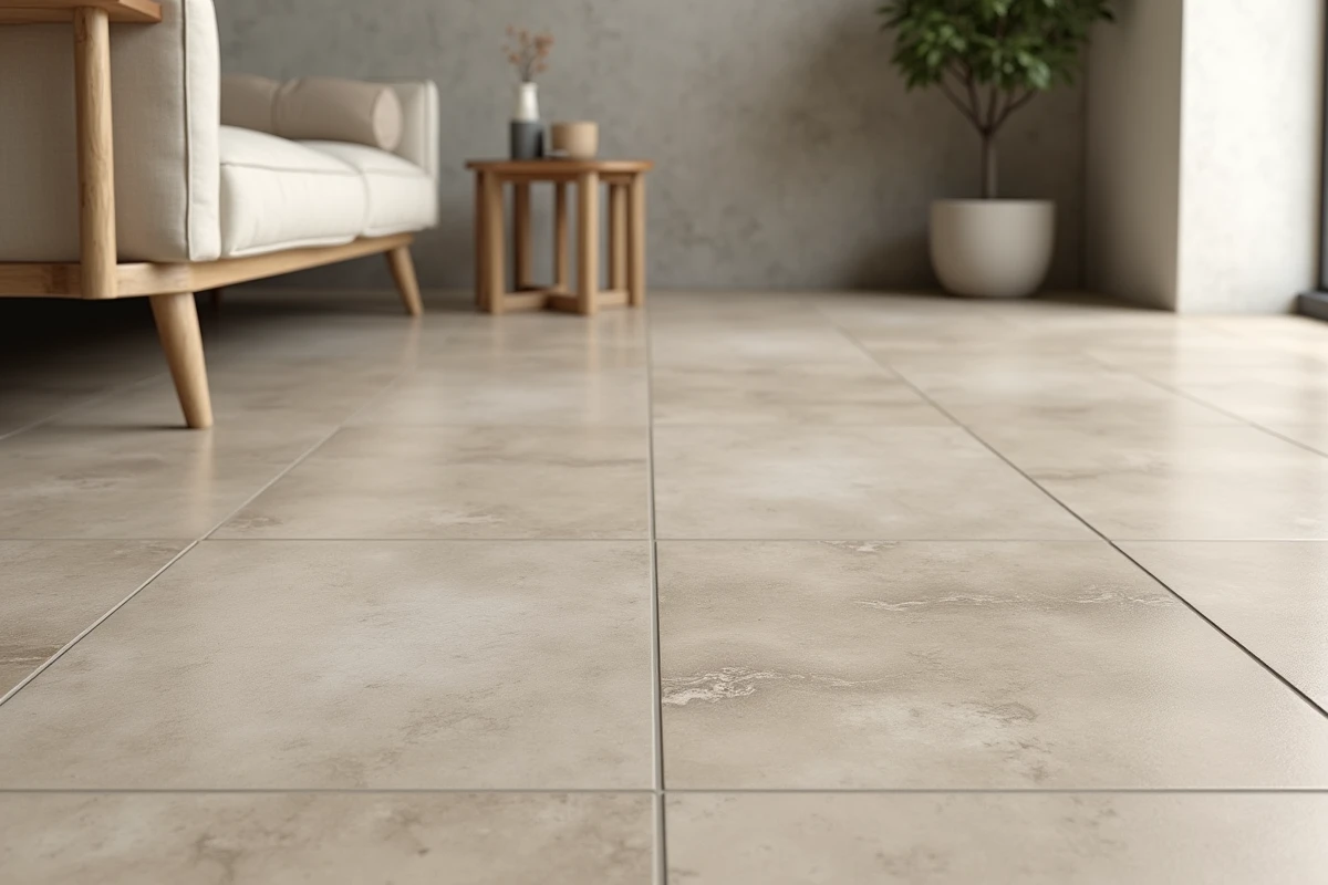 Grand carrelage de sol effet pierre en grès cérame format XXL dans un salon moderne aux tons greige, tendance 2026