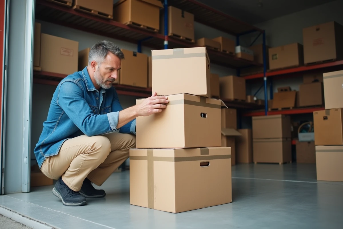 Homme examinant des cartons de déménagement bien scotchés dans un garage avant un déménagement
