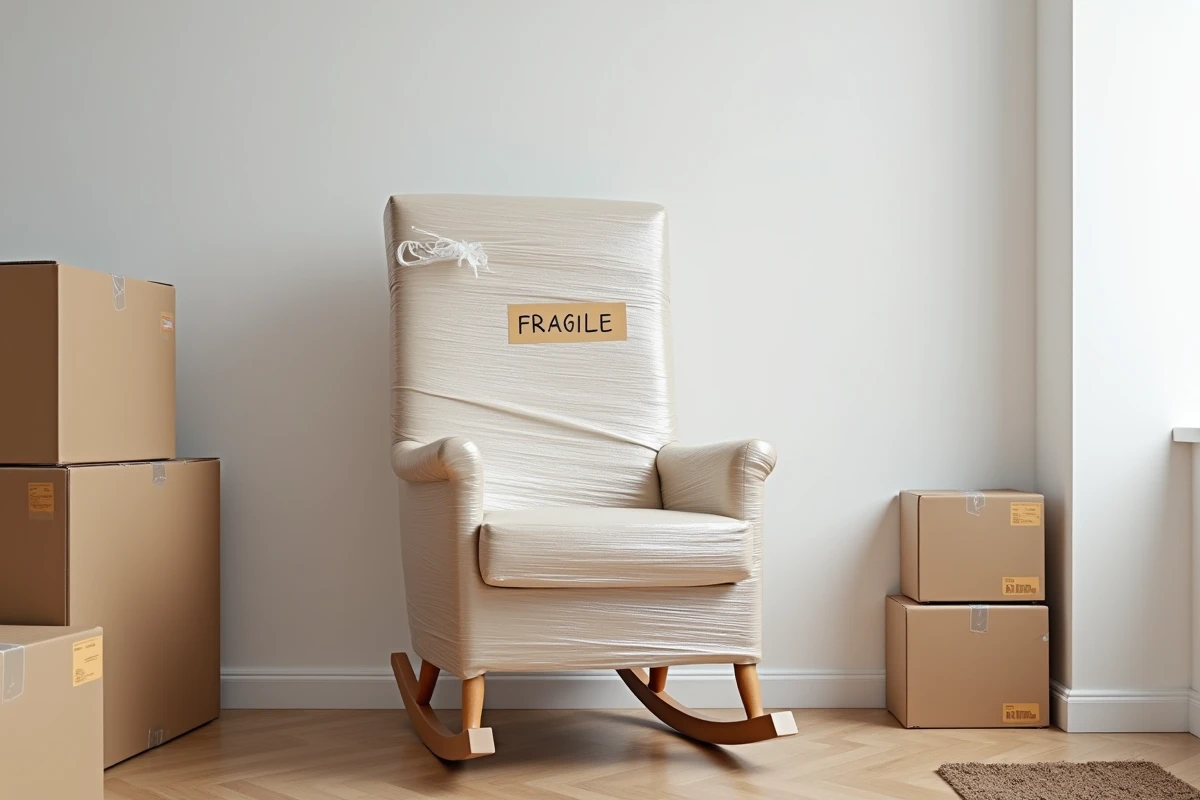 Chaise à bascule entièrement emballée avec film étirable et sangles de déménagement prête pour le transport dans un couloir de maison