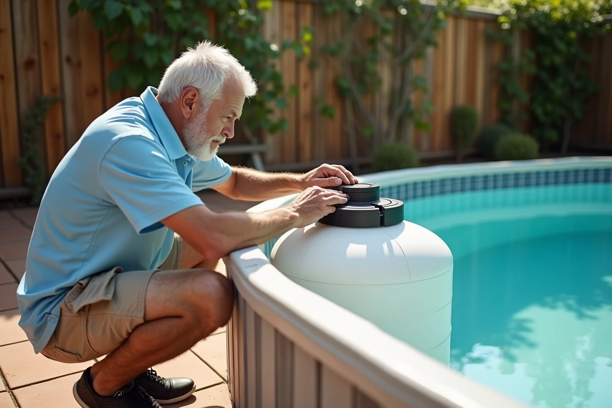 Homme changeant le sable du filtreur de piscine dans un jardin résidentiel ensoleillé