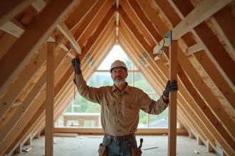 Charpentier inspectant une ferme de toit en bois dans un grenier en construction