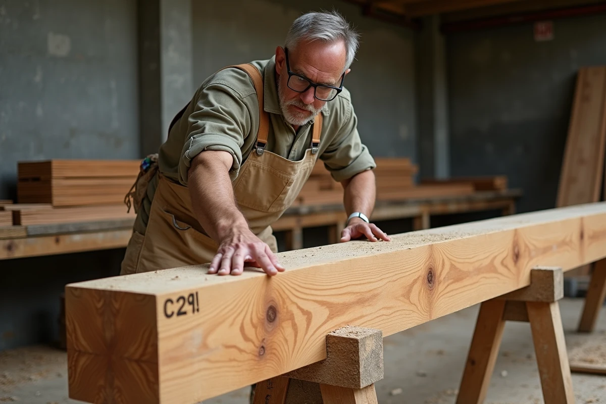 Charpentier inspectant une poutre en bois classé C24 dans un atelier de menuiserie