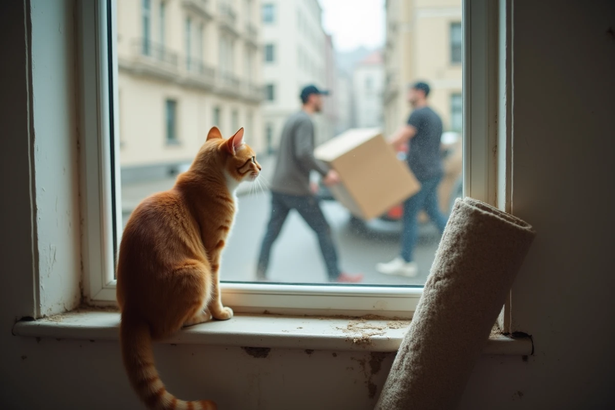 Chat roux posé sur un rebord de fenêtre observant des déménageurs dehors dans un appartement presque vide