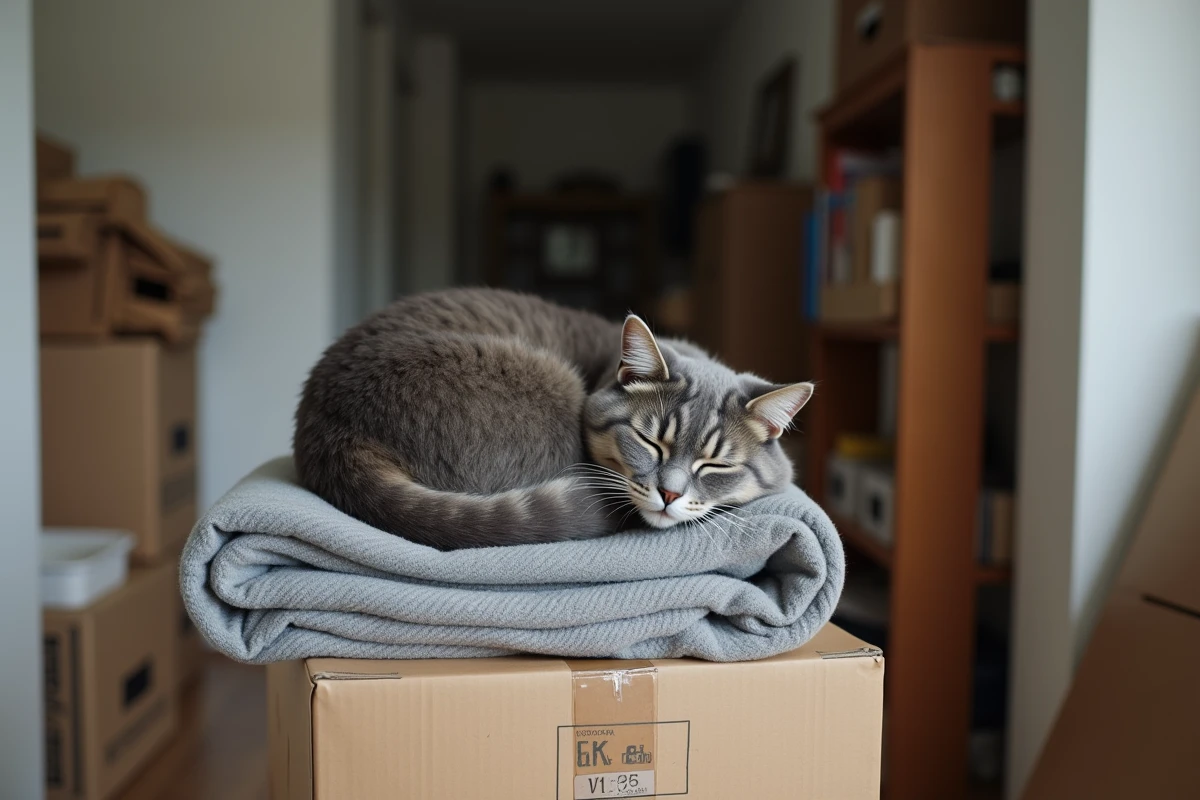 Chat gris endormi sur une couverture de déménagement posée sur des cartons emballés dans un couloir encombré