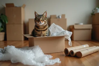 Chat tigré assis dans un carton de déménagement entouré de papier bulle et d'objets emballés dans un salon en cours de déménagement