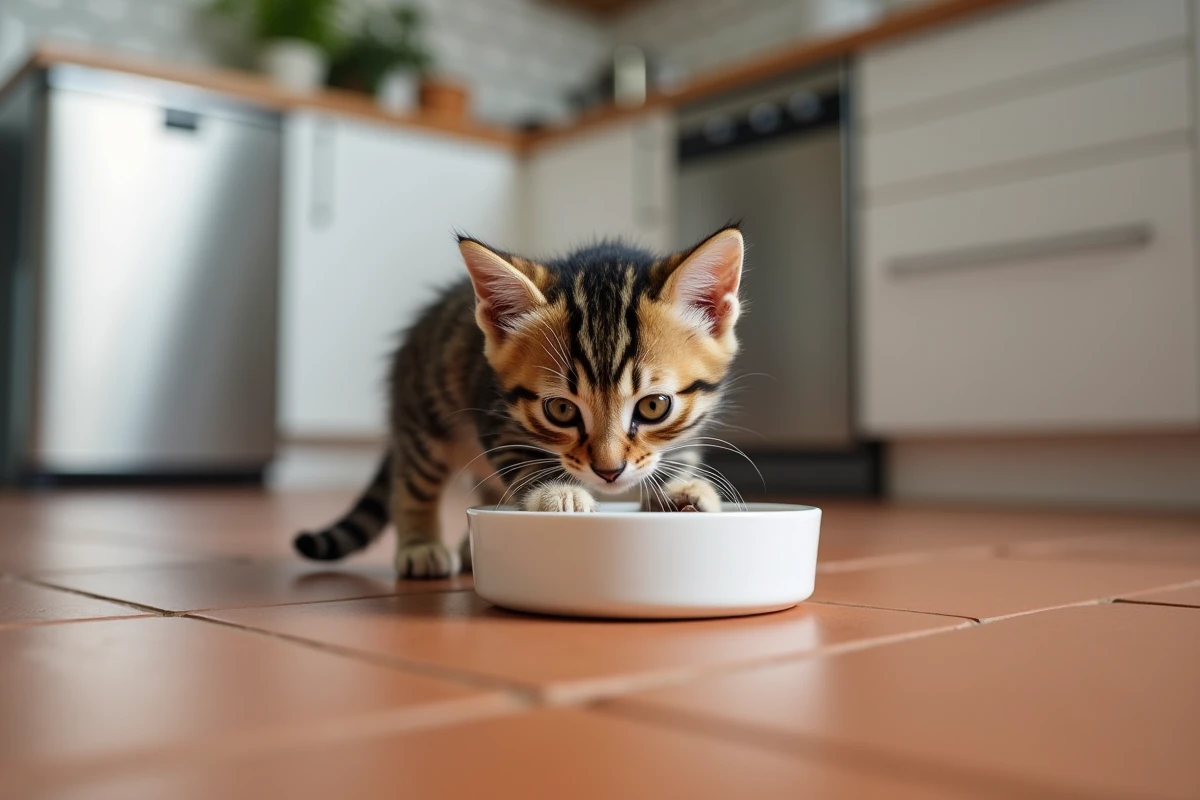 Chaton tigré reniflant une gamelle en céramique sur le sol d'une cuisine moderne