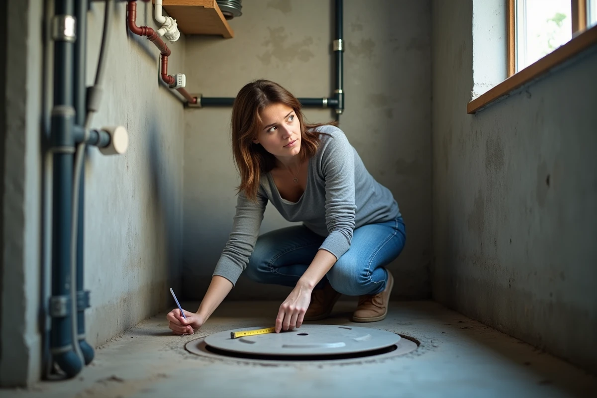 Femme mesurant la capacité d'une citerne d'eau souterraine dans la salle technique d'une maison