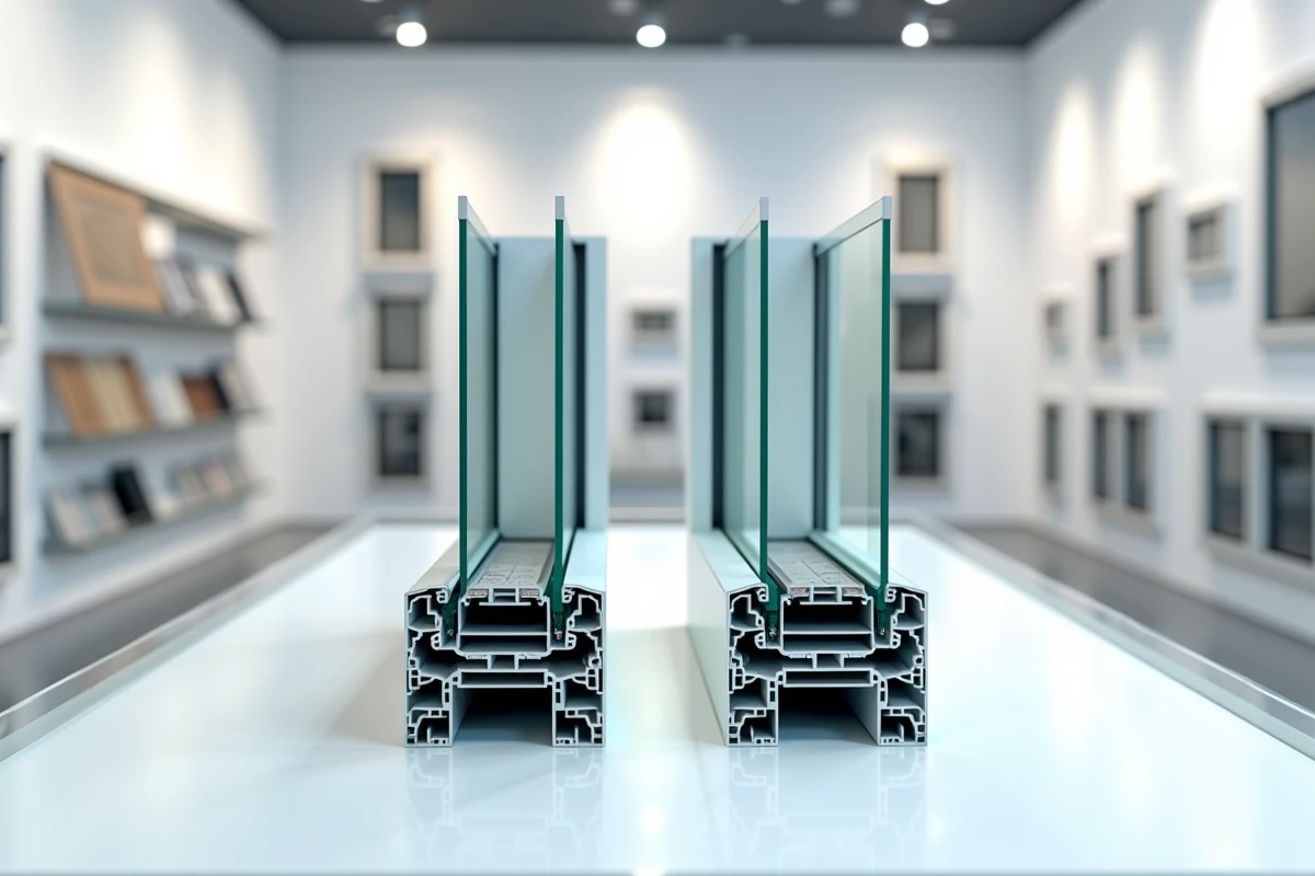 Comparaison de deux vitrages double vitrage aux épaisseurs de lame d'air différentes exposés dans un showroom de menuiserie