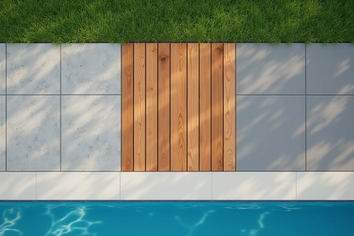 Comparaison de trois matériaux pour terrasse de piscine : carrelage en grès, teck naturel et dallage en béton