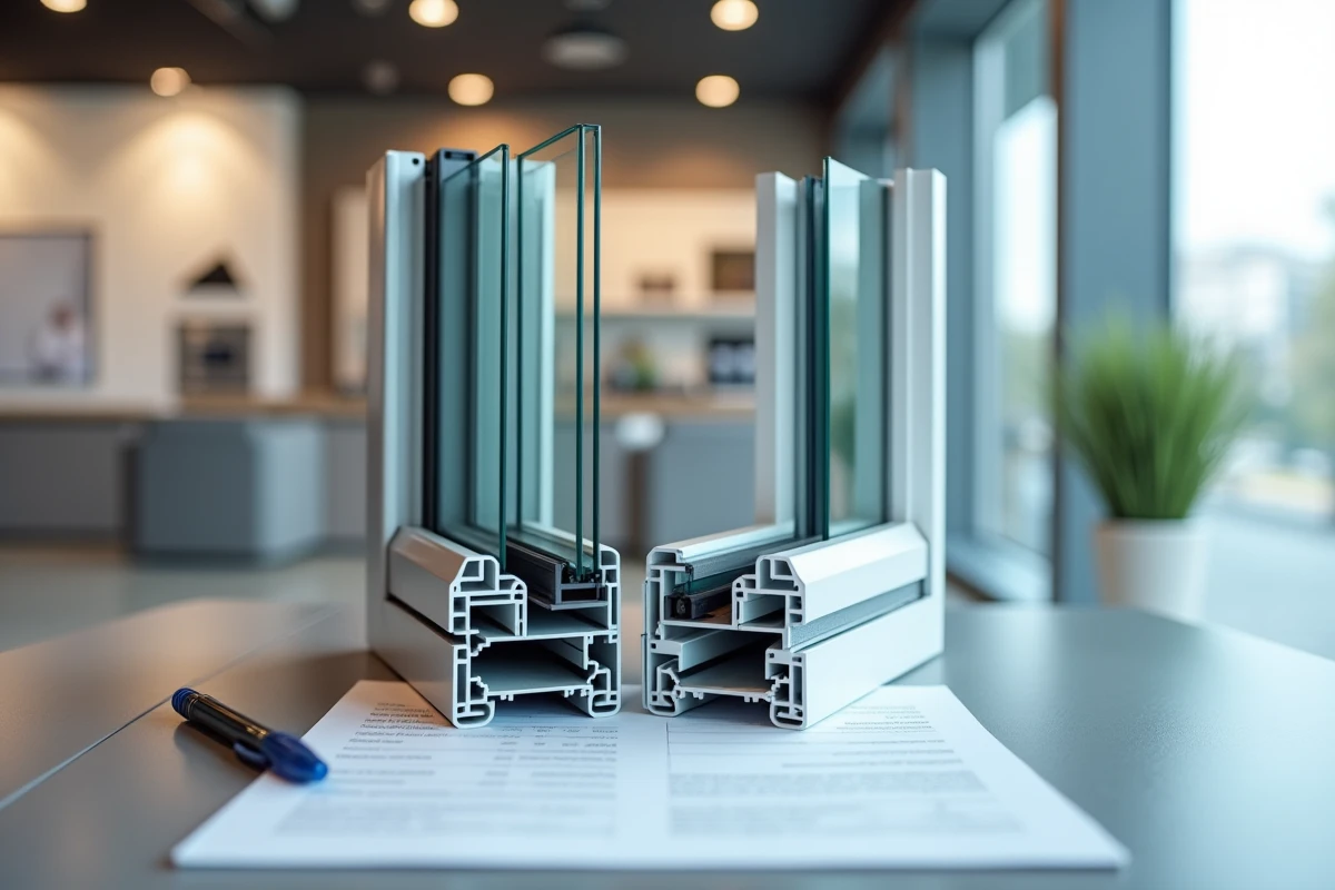 Comparaison de profils de fenêtres en aluminium et PVC avec devis de remplacement en showroom