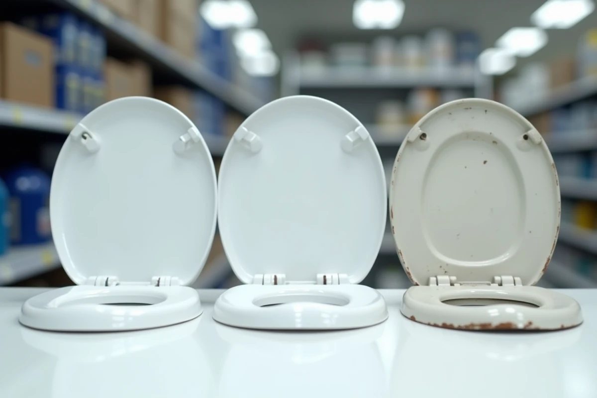 Comparaison de sièges de toilette en plastique dont un fissuré et un déformé posés dans un magasin de bricolage