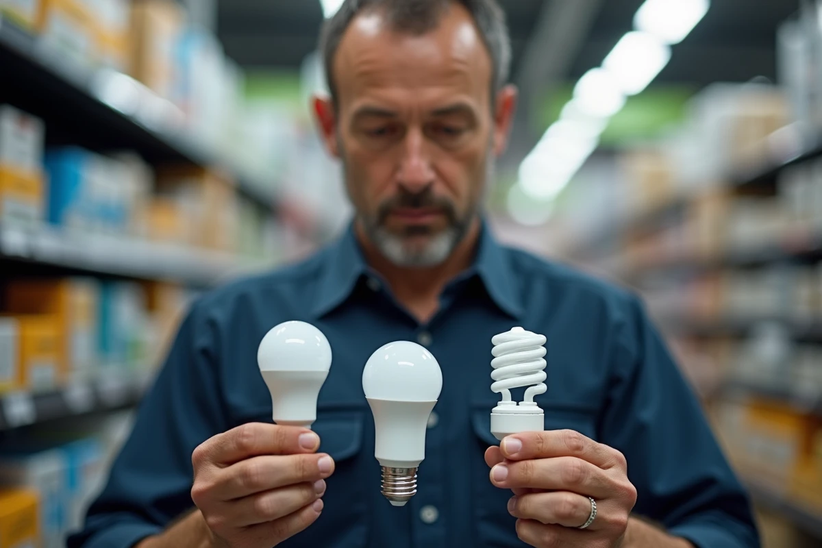 Électricien comparant une ampoule incandescente, fluorescente et LED pour évaluer leur efficacité énergétique en magasin