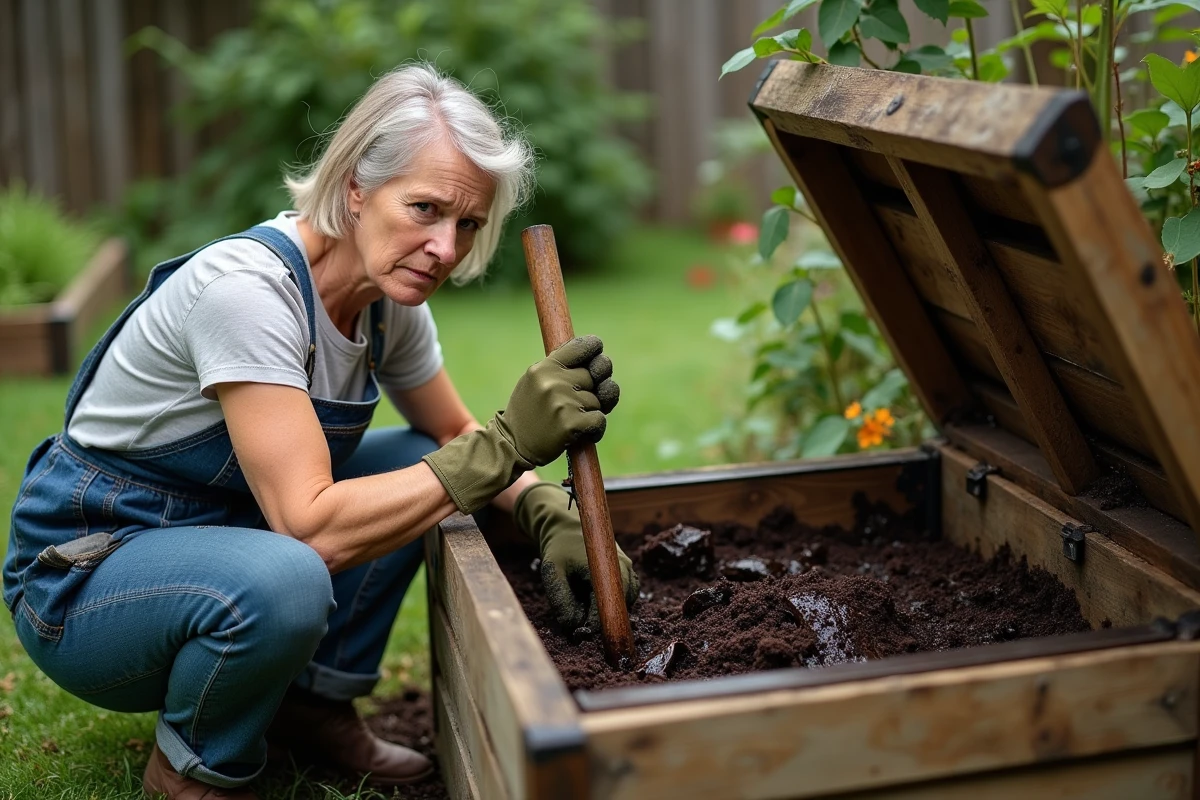 Une femme en tablier denim retourne un compost trop humide et malodorant dans un bac en bois au jardin