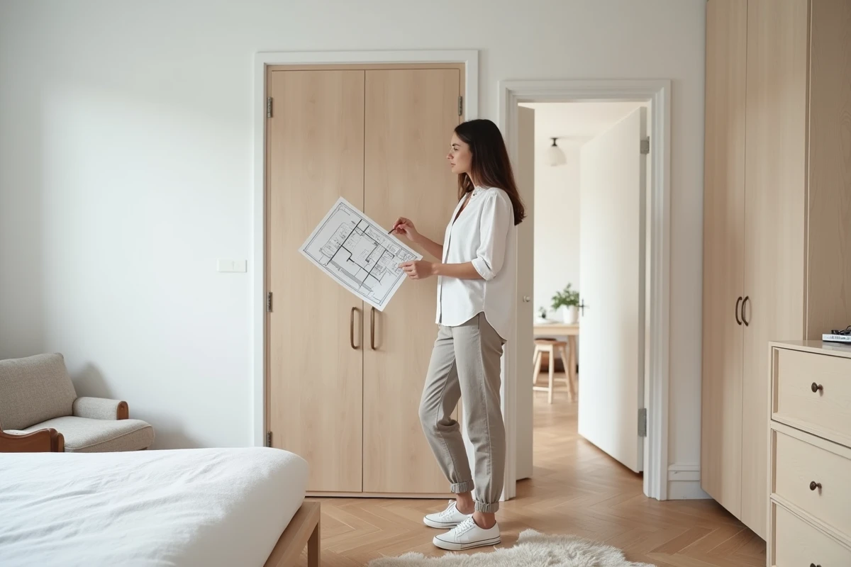Jeune femme consultant un plan de chambre et réfléchissant au repositionnement d'un lit par rapport à la porte dans un intérieur scandinave