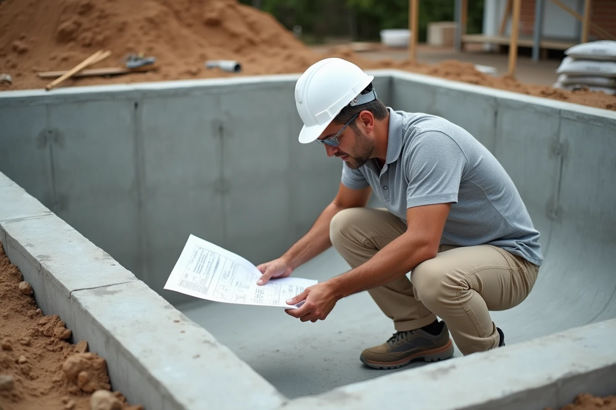 Ouvrier spécialisé supervisant la construction d'une piscine en béton projeté avec membrane d'étanchéité sur chantier résidentiel