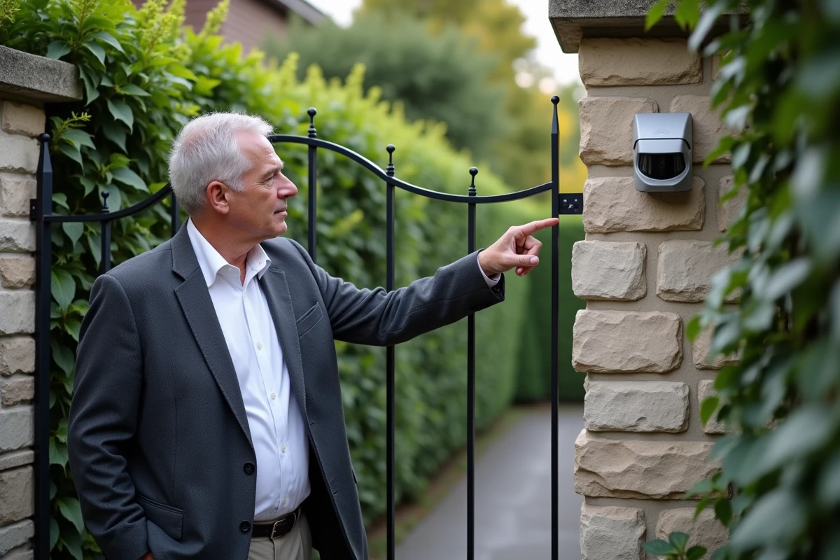 Consultant en sécurité expliquant le placement d'un détecteur de mouvement sur une façade extérieure pour éviter les intrusions