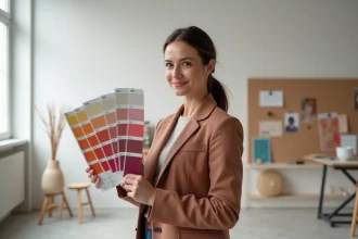 Directrice artistique tenant un nuancier Pantone ouvert sur la couleur de l'année 2026 dans un studio de design minimaliste