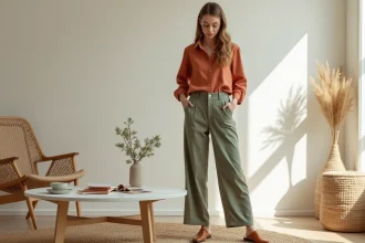 Femme portant une tenue aux couleurs terracotta, vert sauge et camel dans un salon scandinave, illustrant l'harmonie des couleurs chaudes et naturelles