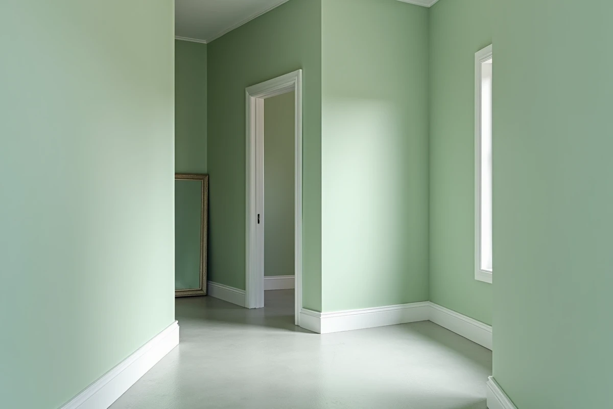 Couloir intérieur avec trois murs peints en nuances différentes de vert sauge illustrant l'harmonie des couleurs dans une maison