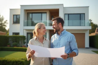 Couple devant une maison moderne de 200m2 tenant des plans architecturaux, illustration du budget construction maison