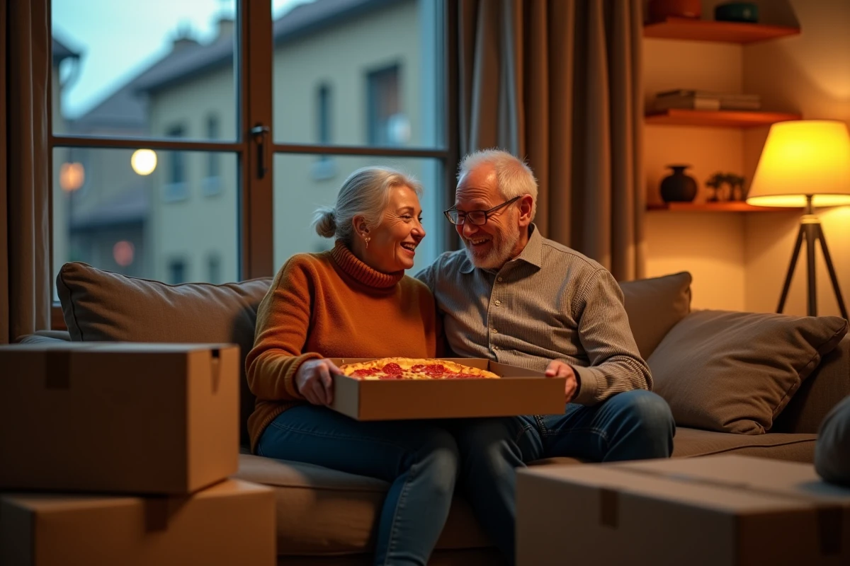 Couple mangeant une pizza assis sur un canapé entouré de cartons dans leur nouvel appartement, illustrant la résilience et la récupération émotionnelle après un déménagement