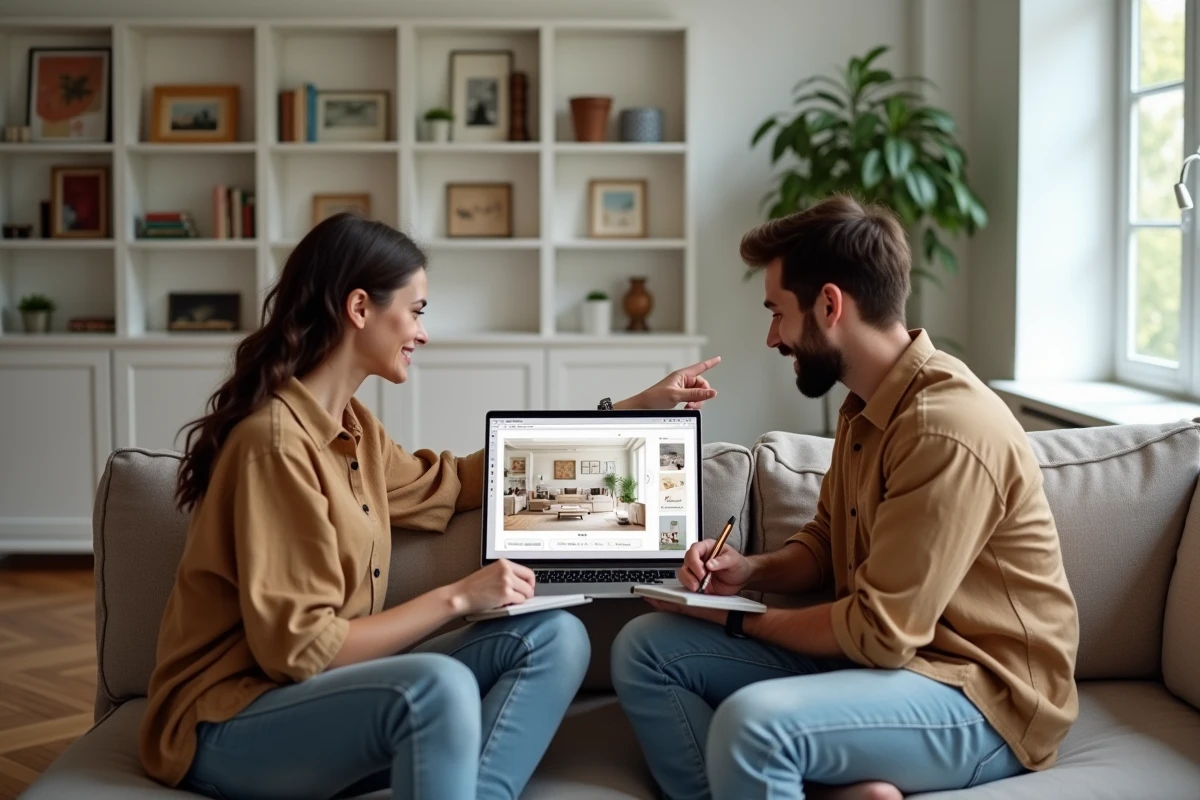 Couple planifiant l'aménagement de leur maison avec un logiciel de plan gratuit sur ordinateur portable