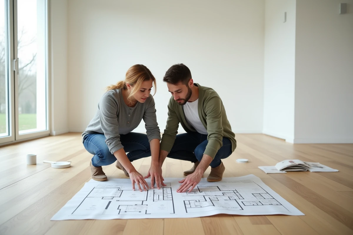 Couple en train d'étudier des plans d'architecte dans une pièce vide en cours de rénovation