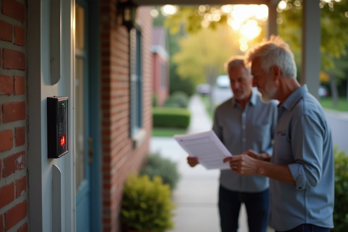 Couple de propriétaires inquiets devant un panneau d'alarme défaillant, illustrant les coûts et contraintes d'un système d'alarme surveillé