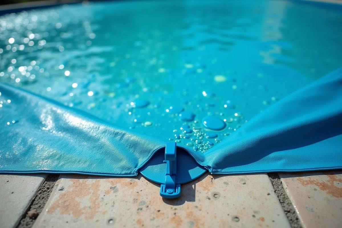Gros plan sur une couverture de piscine abîmée avec bulles d'air et agrafe cassée